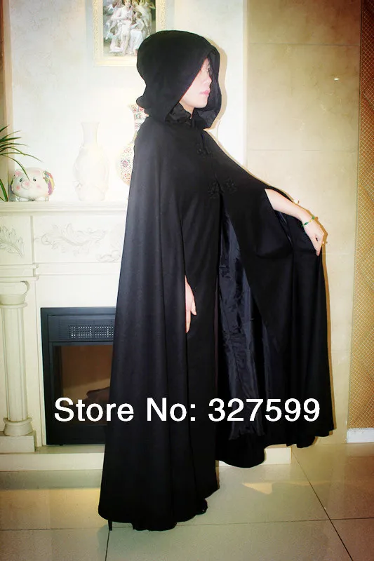 Черный шерстяной с капюшоном Готический Хэллоуин PartyAdult плащ Wicca халат