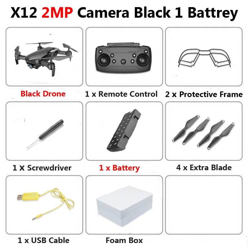 2MP Black 1B Foam X12 WiFi FPV Mini Foldable Drone Camera 0.3MP 2MP HD Optical Flow Aerial Video Profissional RC Quadcopter Helicopter Toys SG106 - Цвет: 2MP Black 1B Foam