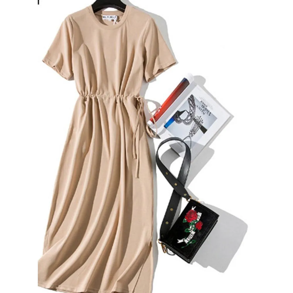 Длинные платья футболки женские летние ремни с разрезом на талии повседневные