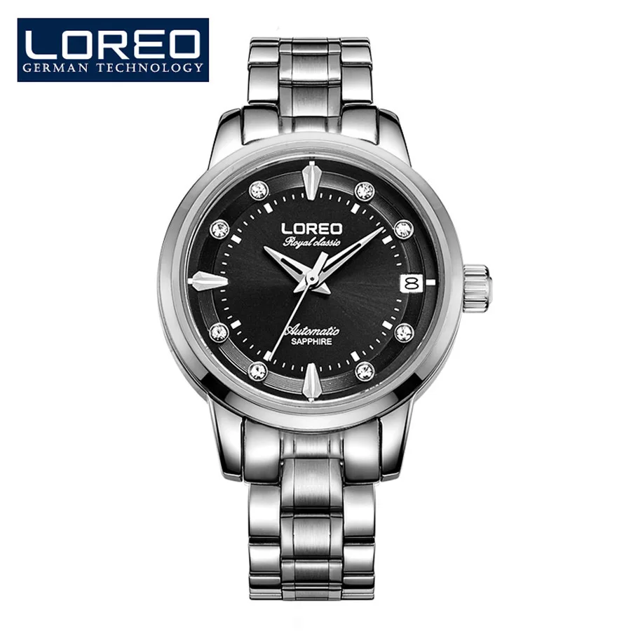 steel Black LOREO женские часы с бриллиантовым дисплеем, простые женские часы, Топ бренд, Роскошные сапфировые автоматические механические часы из нержавеющей стали - Цвет: steel Black