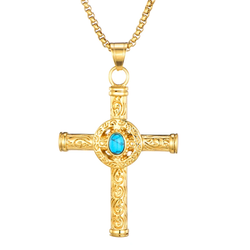 Retro Natural Black Blue Turquoises Cross Pendant Necklace Men Vintage Stainless Steel Religious Jesus Crucifix Male Jewelry | Украшения и