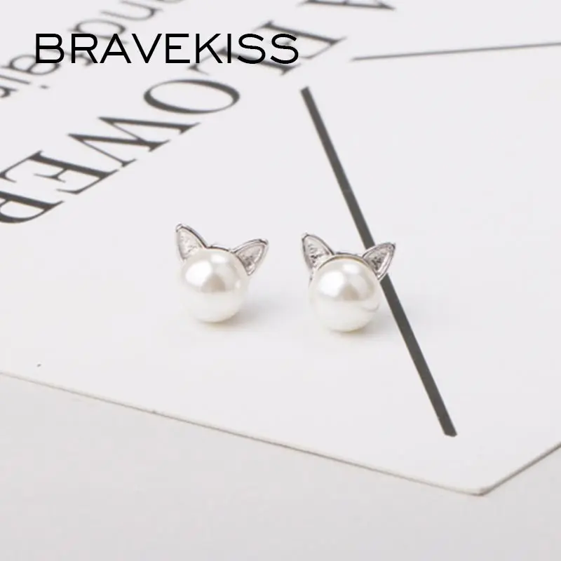 Женские серьги пусеты BRAVEKISS элегантные с кошачьими ушками и жемчугом
