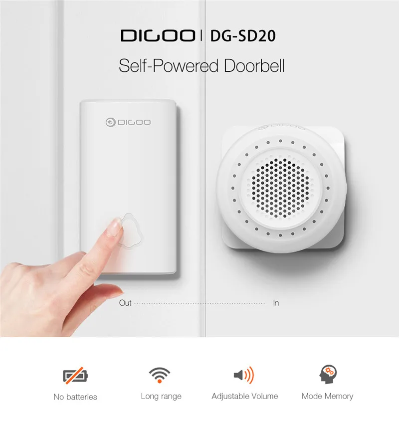 DIGOO DG-SD20 автономный водонепроницаемый беспроводной домашний без аккумулятора Регулируемый дверной звонок EU/UK/US штепсельная сигнализация комплекты