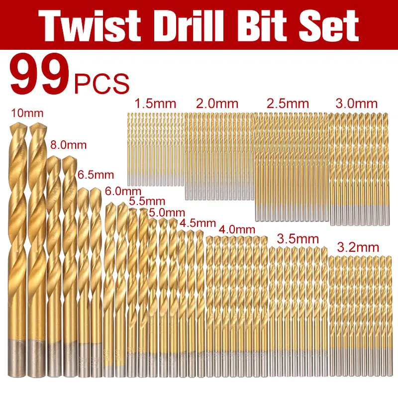 

99pcs 1.5-10mm Twist Drills Bits Kit with Case Titanium Nitrided Twist Drill 1.5-3.2mm HSS Titanium Coated Twist Drill Bit Set