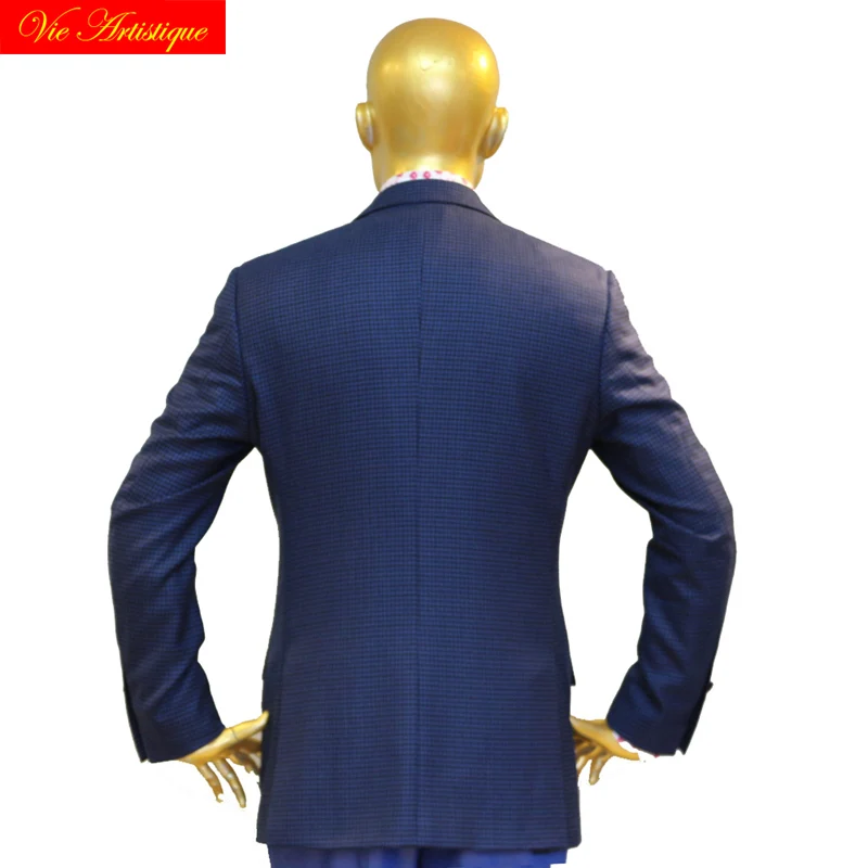 custom tailor made suits 3 pieces jacket pant vest Worsted wool Men's suit groom tuxedos tailor made slim blue lattice plaid VA