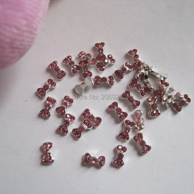 MD-67 10 шт необычные мини ярко-розовые стразы с серебряным бантом металлические