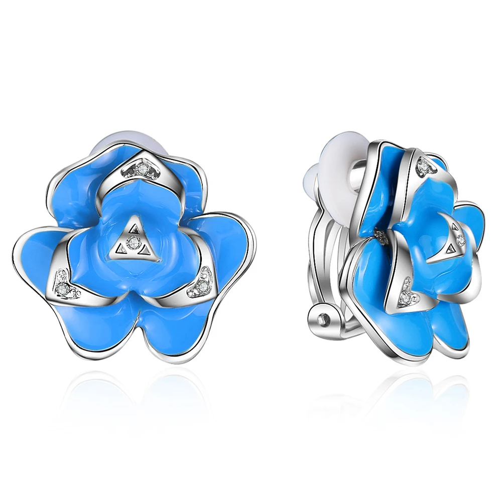 SUKI S925 Silver Blue Enamel Rose White Crystal from Austrian Pave Party Multilayer Clip on Earrings For Women Girls Gift | Украшения и