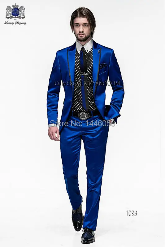 2018 Men Dress Slim Fit Suits Groom Tuxedos Royal Blue Satin Best Men Suit Prom Tuxedos For Men Wedding Suits With Pants