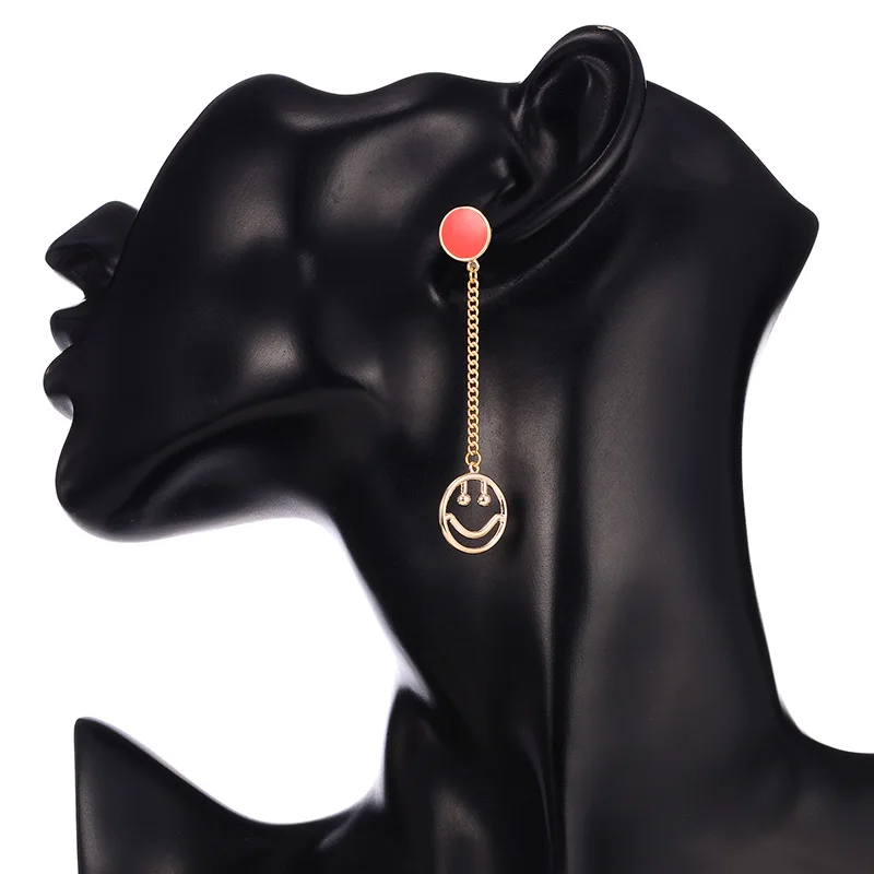 Long Asymmetrical Smile Face Pendant Earrings for Women Retro New Zircon Crystal Lacquer Drop Earring Fashion Jewelry |