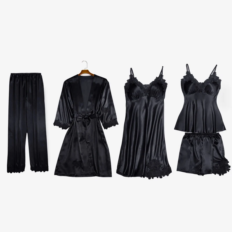 Black 5 pcs Женские пижамные комплекты из 5 предметов, атласные шелковые полосатые пижамы из вискозы, женские сексуальные кружевные пижамы, комплекты ночного белья без рукавов - Цвет: Black 5 pcs
