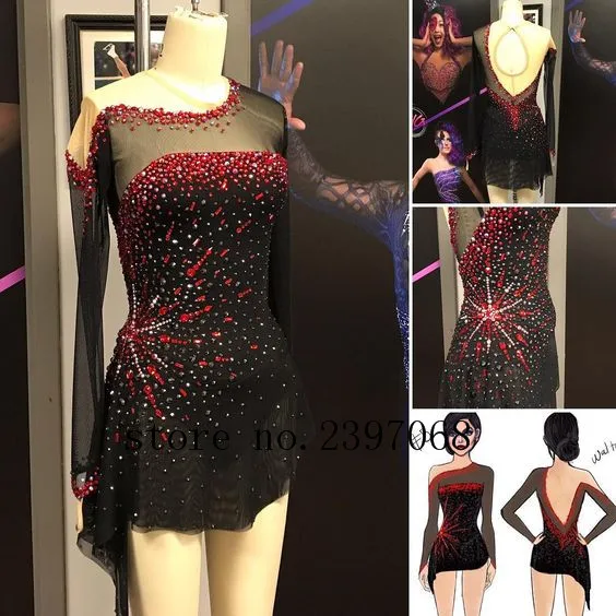 Figure Skating Dress Black Women Competition Figure Skating Dress Custom Girls Ice Figure Clothes Crystals Free Shipping B4