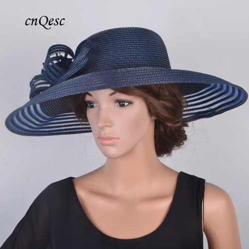 NAVY BLUE Дизайн, х с большими полями Кентукки шляпа котелок церковная Свадебная женская шляпа перо чародей шляпка для скачек, вечеринки - Цвет: NAVY BLUE