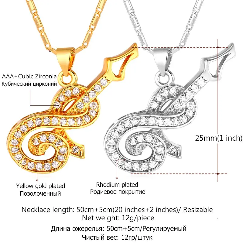 U7 Позолоченный Гитара Кулон Ожерелье Мужчинны /Женщины Циркон Музыкальный Знак