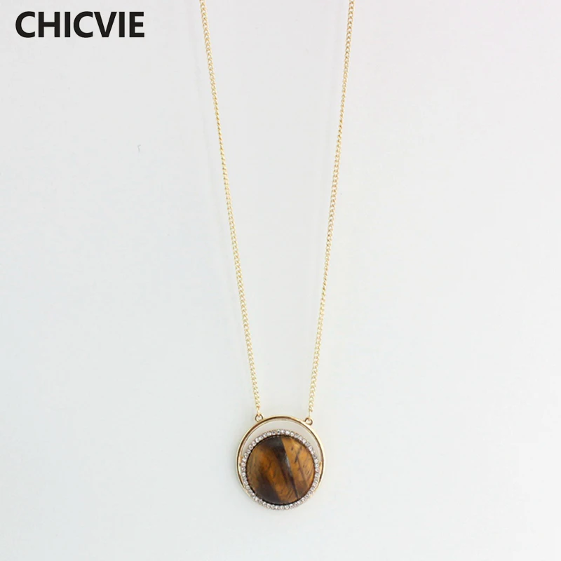 

CHICVIE Tiger Eye Natural stone Necklace for Women Couple Long rhinestone Gold Necklaces & Pendants Handmade Jewelry SNE160170