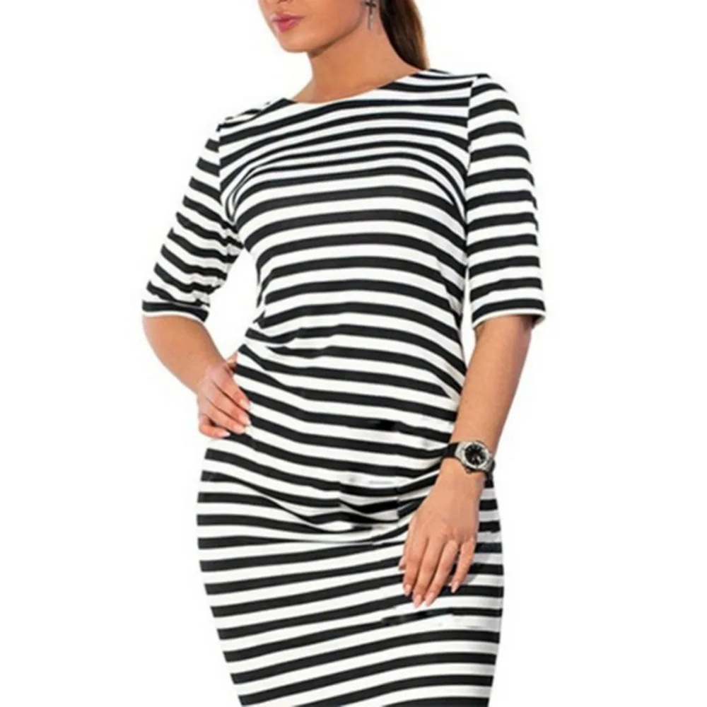 Женское платье короткий рукав шею Slim Fit облегающее в полоску сбоку Разделение Для
