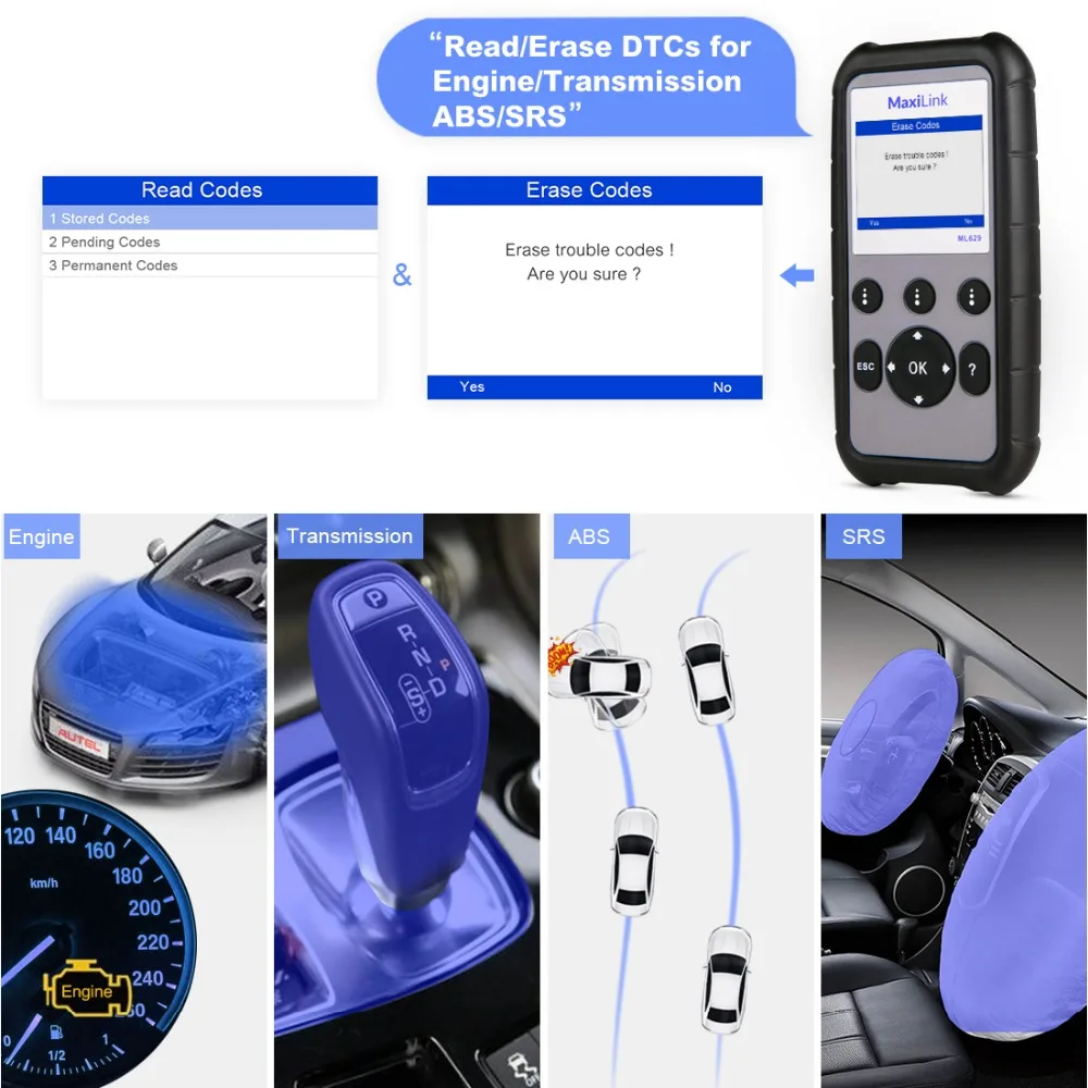 Autel ML629 OBD2 автомобильный сканер диагностический инструмент ABS SRS obdii obd ii Eobd |