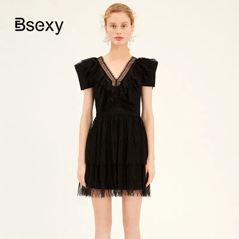 Женская сексуальная маленькая чёрная одежда 2019 двойной v воротник кружева неделя