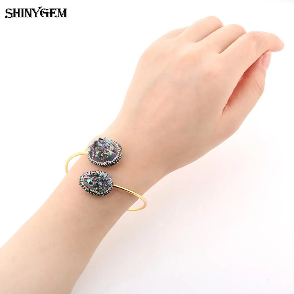 ShinyGem винтажный Регулируемый большой браслет с камнями Друза браслеты гладкое золотое покрытие с большим природным камнем открытые манжеты браслеты для женщин