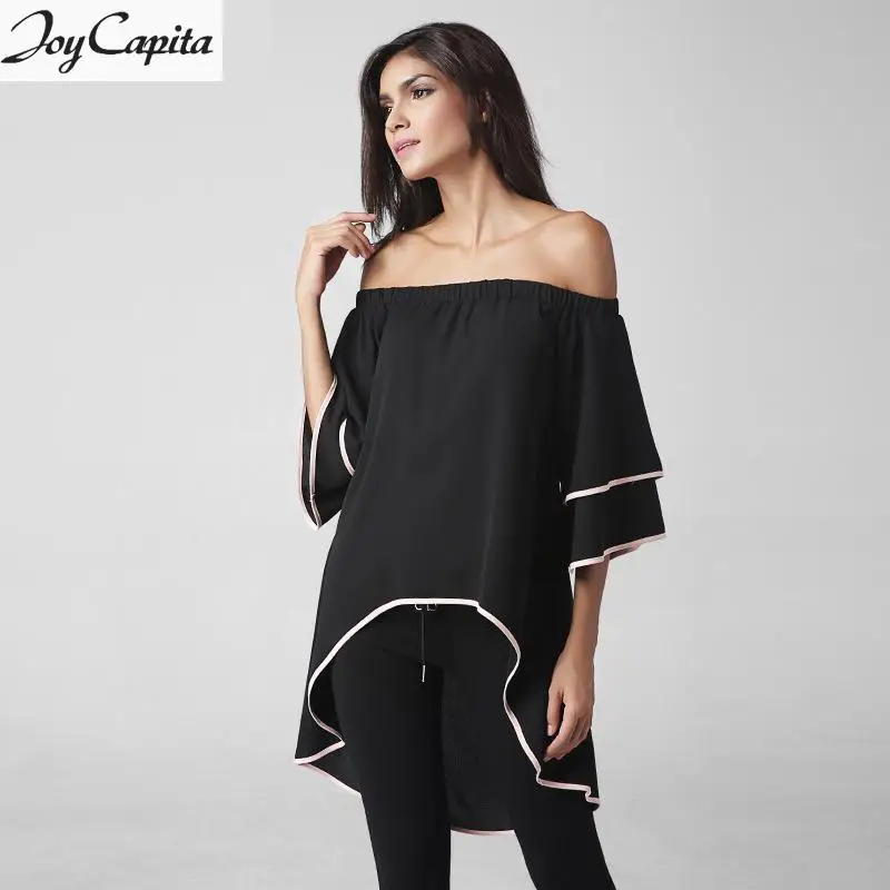 Joy Capita Women Chiffon Blouses 2017 Black Off Shoulder Summer Tops Plus Size Slash Neck Blusas Mujer Camisas Manga Larga |