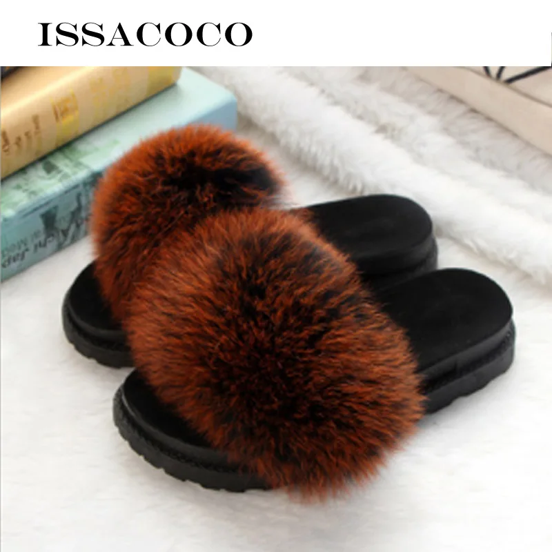 Caramel Colour ISSACOCO/женские шлепанцы из натурального Лисьего меха; женские нескользящие пушистые меховые тапочки; женские пушистые тапочки; милые плюшевые тапочки с лисьим мехом - Цвет: Caramel Colour