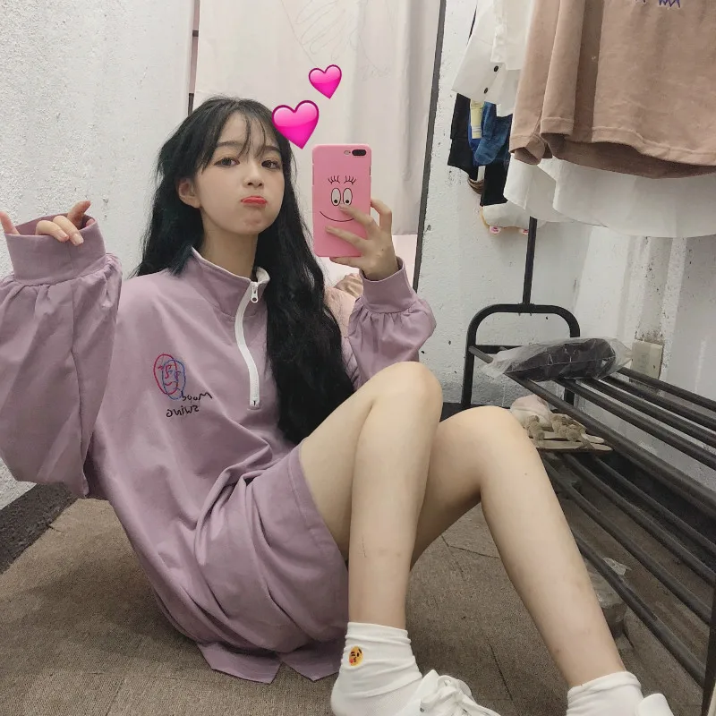 Autumn Women's Clothing Korea Sweet harajuku Embroidery loose Hoodies Zipper Turtleneck long sleeve New ulzzang Sweatshirts | Женская