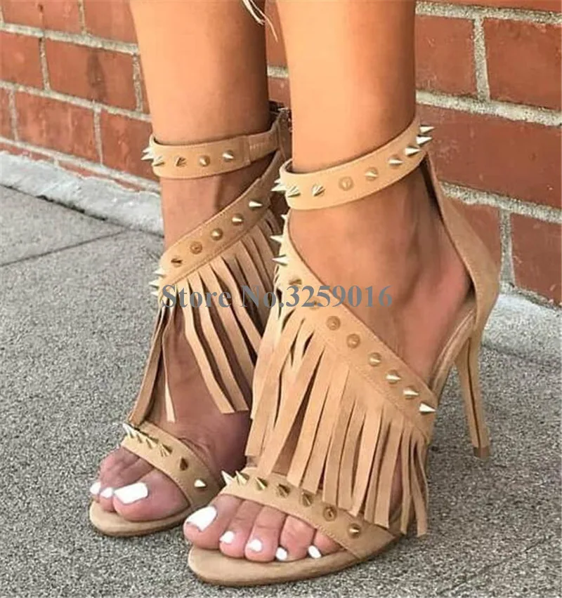 

New Design Women Fashion Open Toe Suede Leather Tassels Gladiator Sandals Red Black Rivet Studded High Heel Sandals