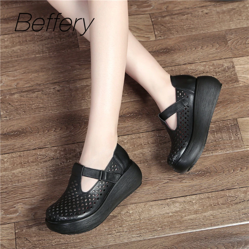 Beffery 2018 Summer Style Genuine Leather Women Shoes Super-soft Round toe Flat platform Thick bottom Casual | Обувь