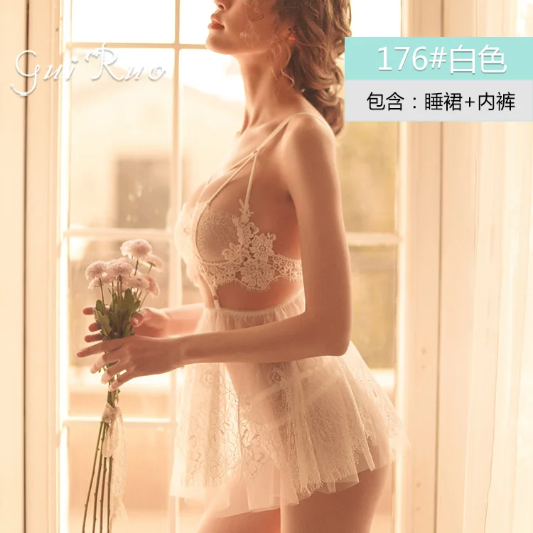 Белый Women Sexy Nightgown Sleeveless Night Dress Wear Gown Summer Sleepwear Lace Bow V-Neck Homewear Womens Lingerie Nightgown - Цвет: Белый