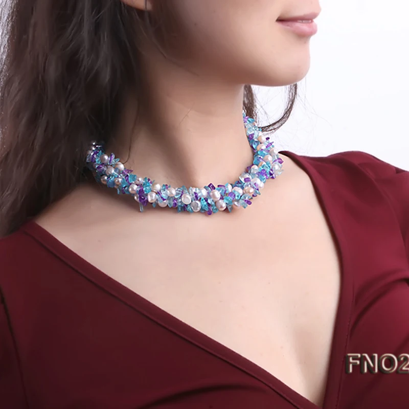 JYX High Quality Charming 8-10mm natural White Round Freshwater Pearl and Crystal Chips Necklace 38&quot | Украшения и аксессуары