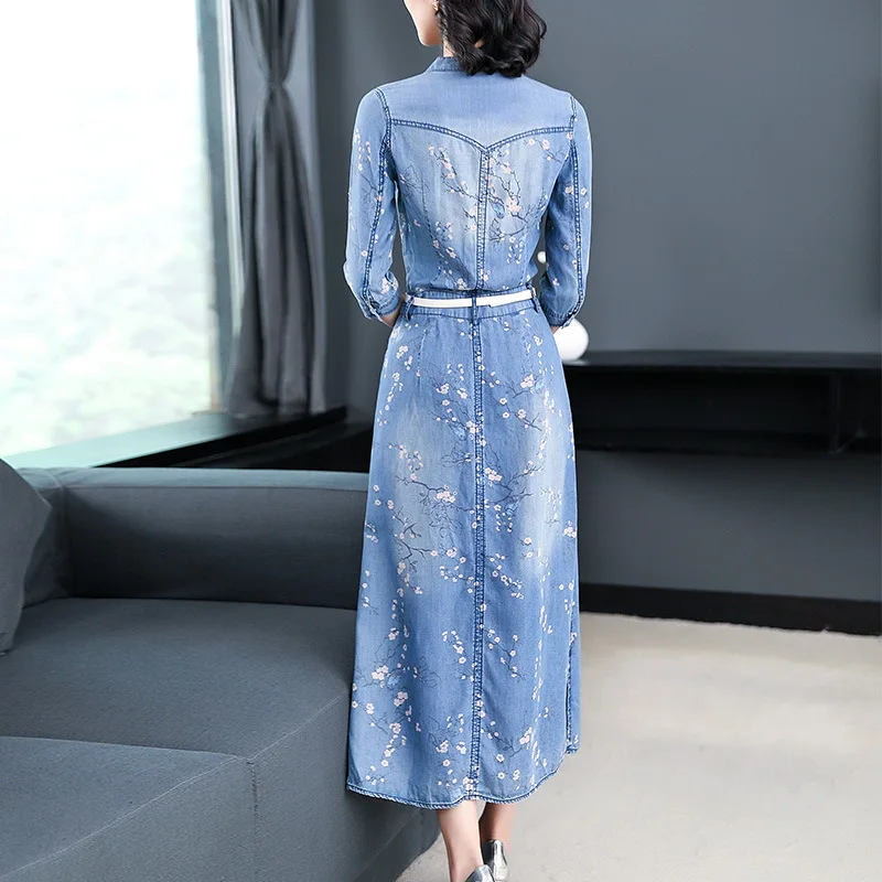 Весеннее и летнее платье из джинсовой ткани с принтом сливы в китайском стиле