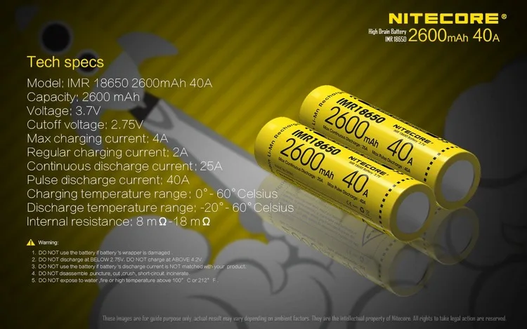 NITECORE IMR18650 2500mAh 35A 3,7 V литий-ионная защищенная аккумуляторная батарея с высокой производительностью для паровых устройств вейперов(1 шт./плоский верх