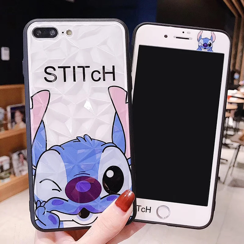 360 Full Cover Mickey Diamond Phone Case + Screen Protector Glass for IPhone X 8 7 6 6S Plus Stitch Anpanman Cute Coque |