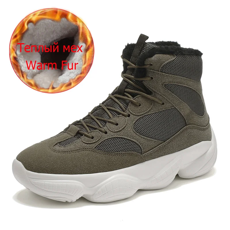 Winter Men Snow Boots Warm Fur Man Ankle Boots Lace-Up High Quality Thick Plush Winter Boots Plush Autumn Basic Work Shoes - Цвет: Fur Green