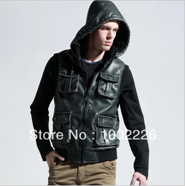 2013 casual vest men PU leather Multiple pockets 3 colors brown black coffee plus XXXL Free shipping | Мужская одежда