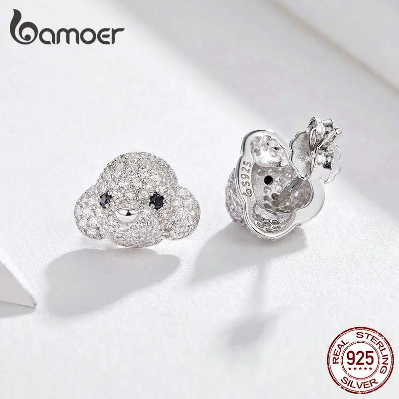 BAMOER 3D Пудель серьги-гвоздики в виде собаки для девочки прозрачный CZ Кристалл Ушные Шпильки 925 пробы серебряная шпилька в виде собаки ювелирные изделия детский подарок BSE098