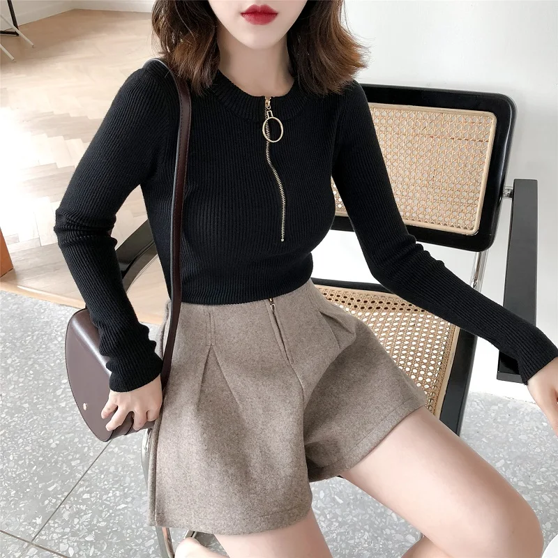 Новинка осени 2018 Корейская тонкая женская футболка с кольцом на половину молнии