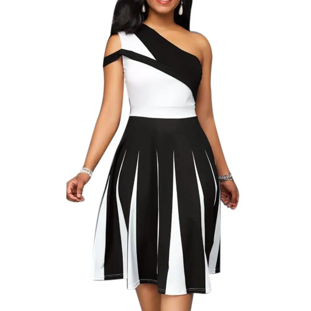 

Fashion Plus Size Women Evening Party Color Block One Shoulder Slim Fit Midi Dress