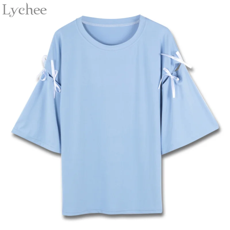 Милая Летняя женская футболка Lychee кружевная с бантом Повседневная Свободная