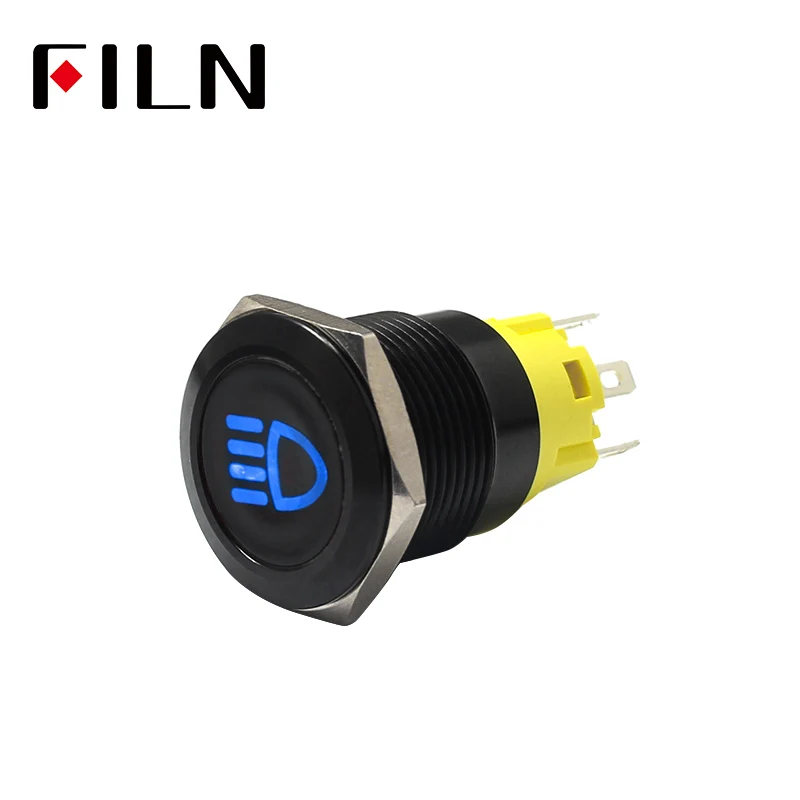 

19mm 12v LED black shell metal push button switch dashboard custom High beam symbol momentary latching on off car racing switch