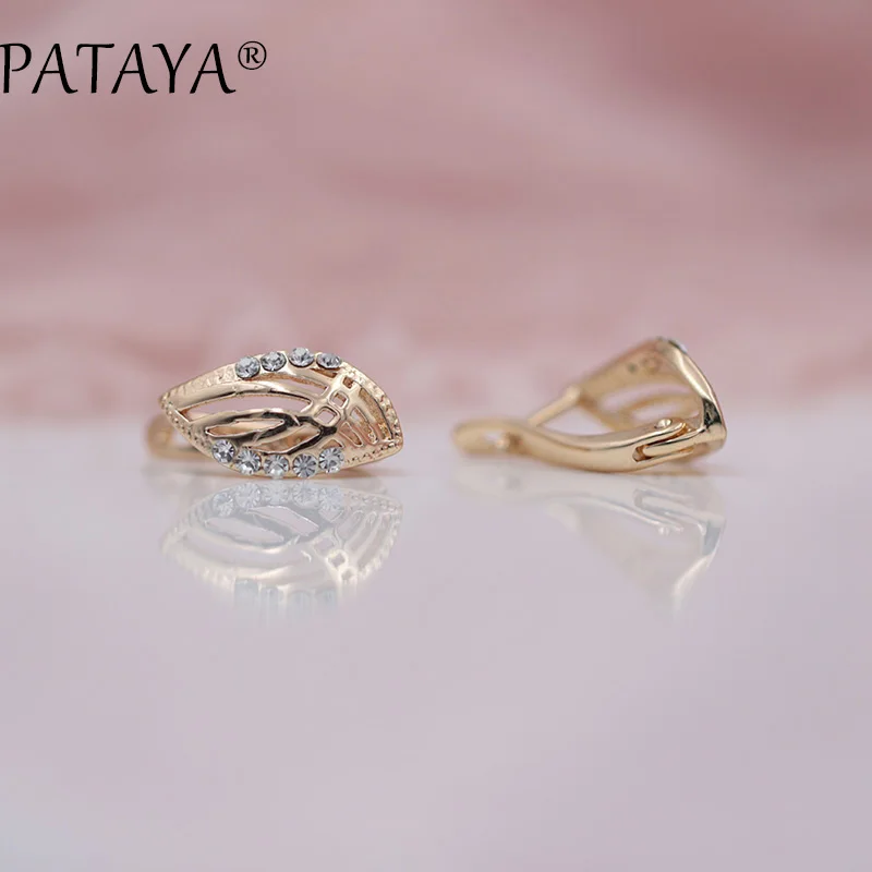 Женские серьги кольца PATAYA из розового золота с полым листом и цирконием|earrings ring