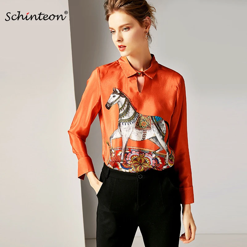 2019 Schinteon 100% натуральный шелк блузка женская отложной воротник с длинным рукавом