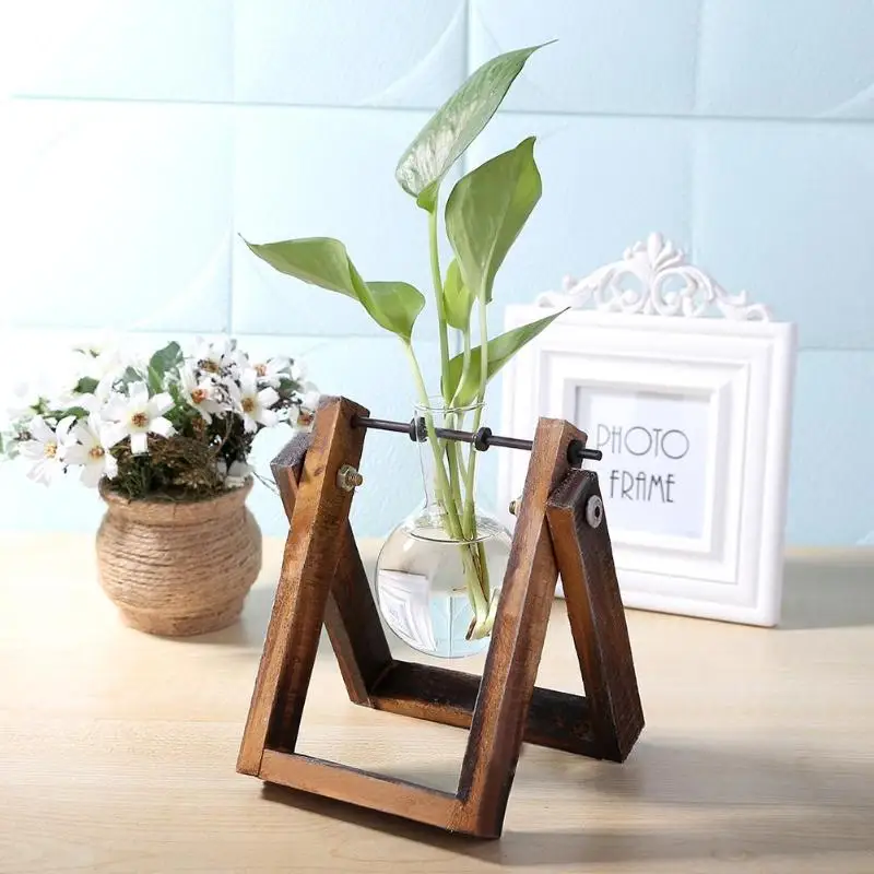 Glass And Wood Vase Planter Terrarium Table Desktop Hydroponic Plant Bonsai Pots Hanging With Wooden Tray Home Decor | Дом и сад