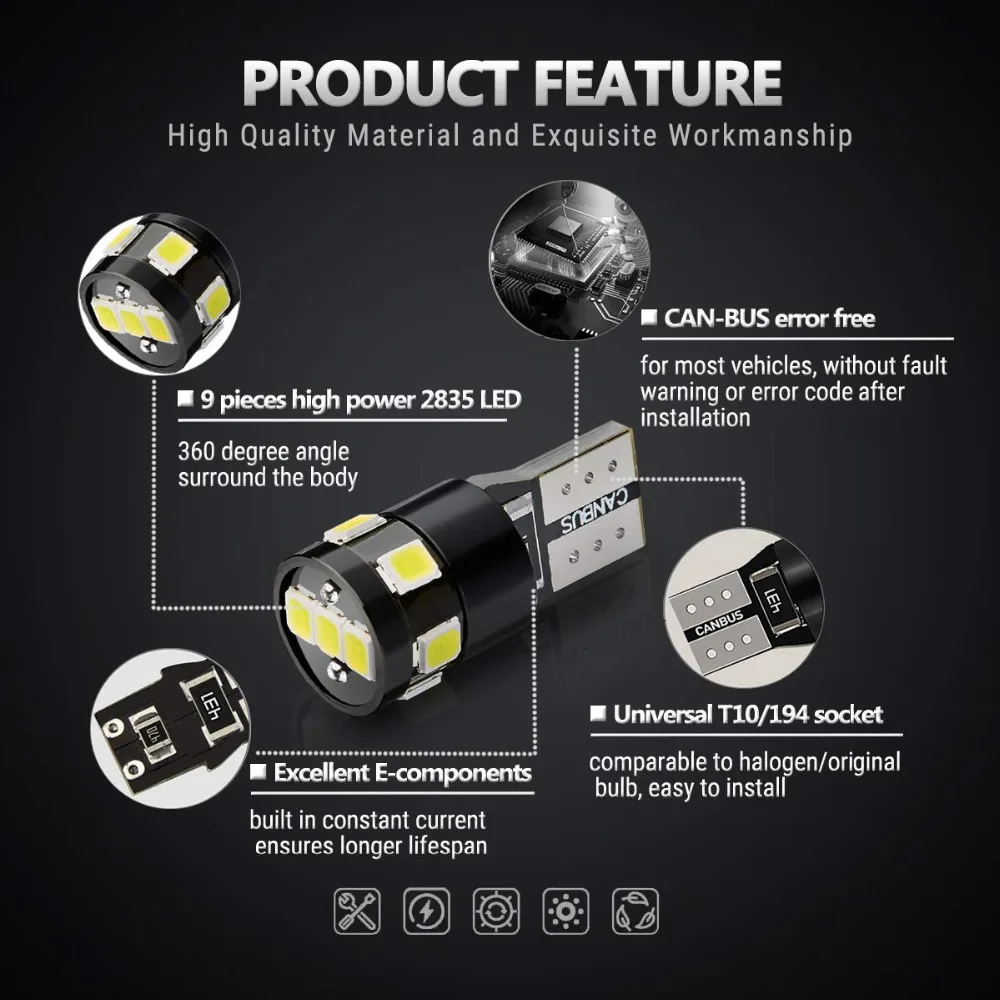 10 шт. T10 W5W 194 168 2825 9SMD 2835 Светодиодный лампы Canbus бесплатно для автомобиля купольная