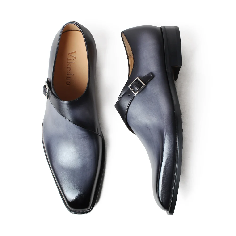 VIKEDUO Buckle Monk Strap Shoes For Men Genuine Leather Patina Dress Handmade Wedding Office Formal Suits Footwear Zapatos | Обувь
