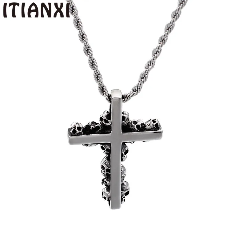 High Polished Stainless Steel Cross &amp Skull Heads Pendant Necklaces For Men Punk Pub Biker Jewelry Accessories | Украшения и