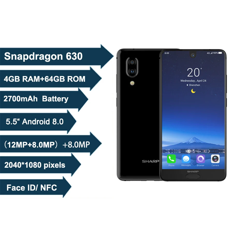 Смартфон SHARP AQUOS C10 S2 с Android 8.0 FHD+ дисплей 5 дюйма 4 Гб + 64 восьмиядерный Snapdragon 630 Face ID NFC
