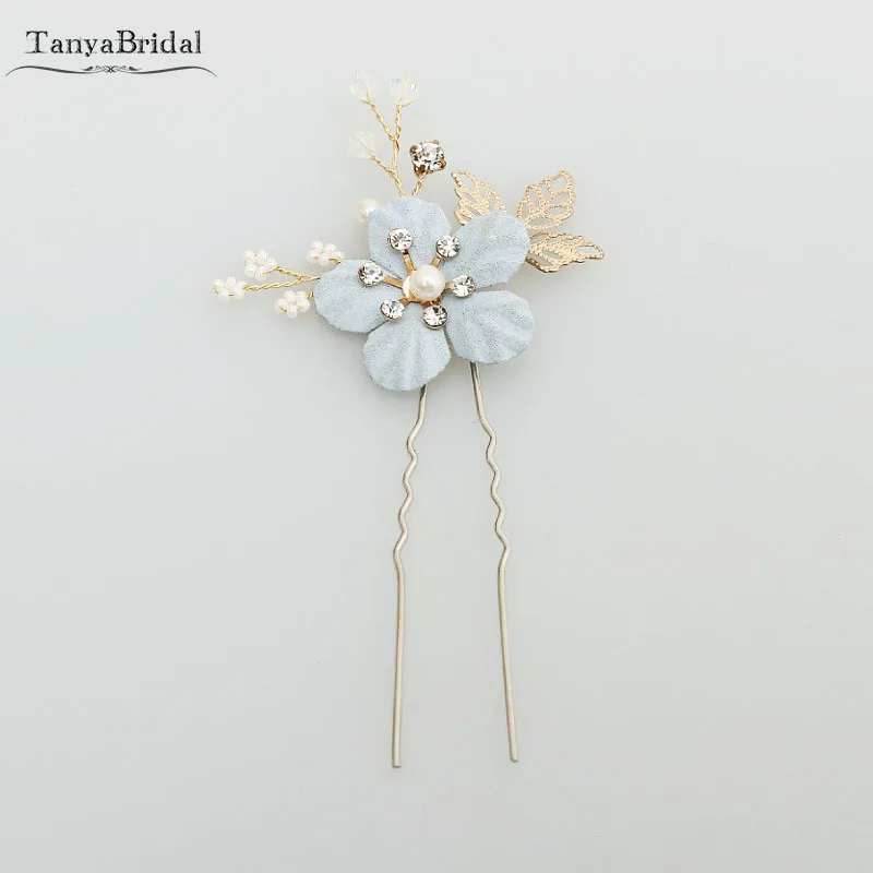 Light Blue Flowers Bridal Headpieces Comb Pearls Crystal Wedding Accessoires 4 pieces Romantic Beauty Hairclip DH019