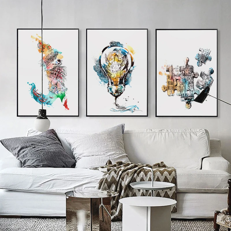 Абстрактная картина пазл с лампочками Картина на холсте А4 и А3 07 г|watercolors abstract|print