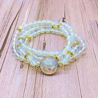fashion women bangle stone beads bracelet elastic mala necklace white opal gold color 6 mm bead for her gift