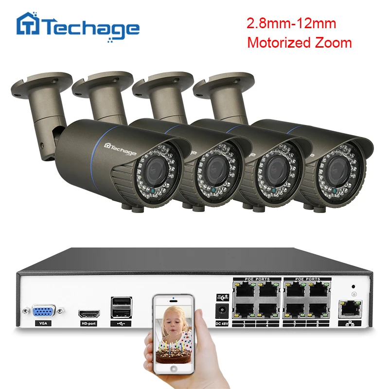 Techage H.265 4MP камера безопасности 8CH POE NVR комплект 2 8 12 мм моторизованный зум объектив